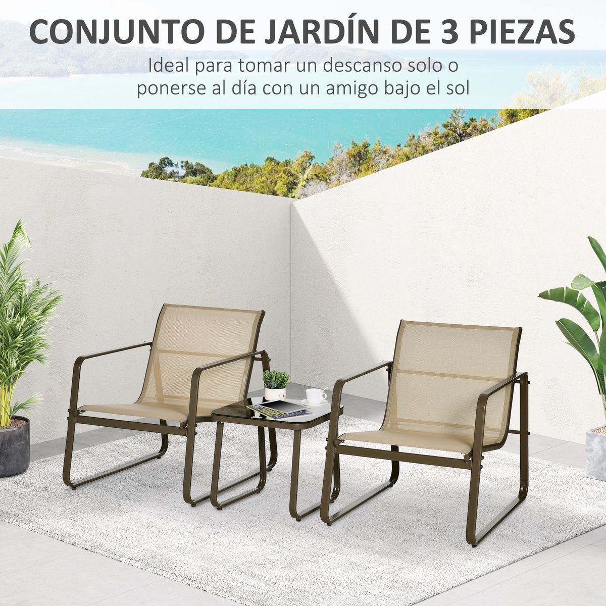 Conjunto de jardín Toe Outsunny 2 sillas + 1 mesa caqui 75x62x78 cm web