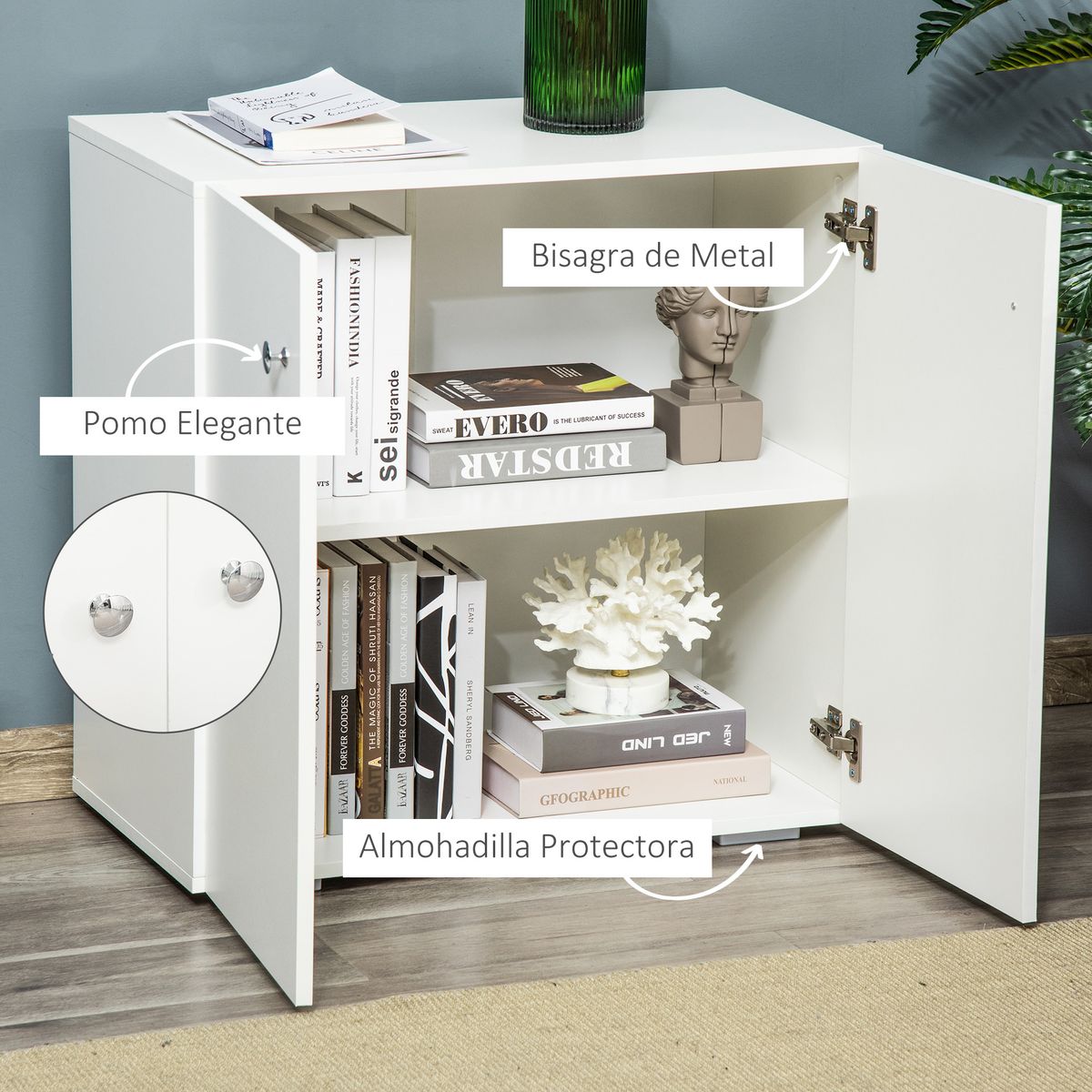 Aparador de salón Kui Homcom con 2 puertas blanco 85x100x30 cm interior