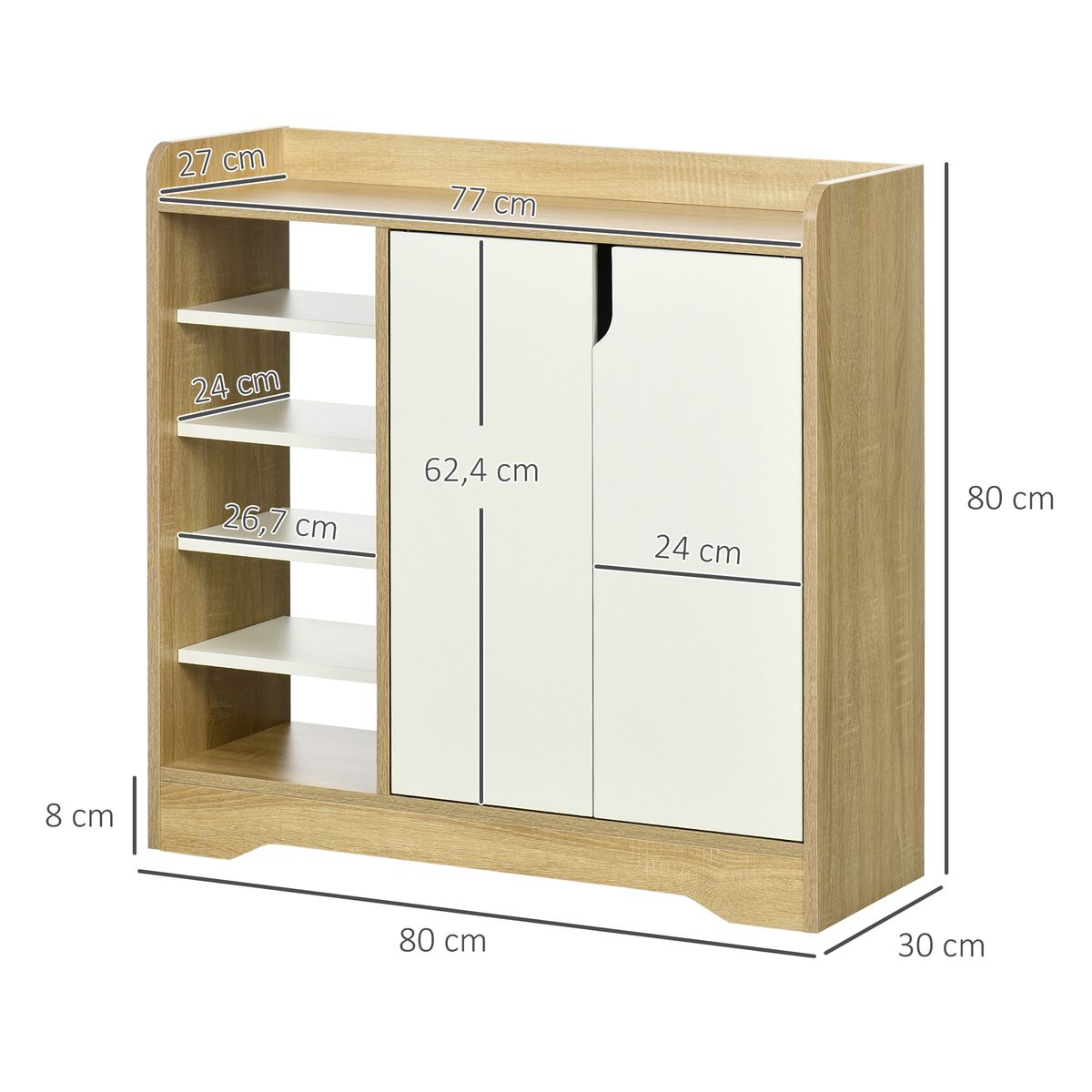 Zapatero Kalos Homcom 2 puertas + 5 estantes 13 pares natural/blanco 80x80x30 cm medidas