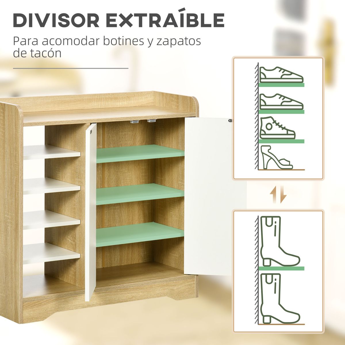 Zapatero Kalos Homcom 2 puertas + 5 estantes 13 pares natural/blanco 80x80x30 cm interior web