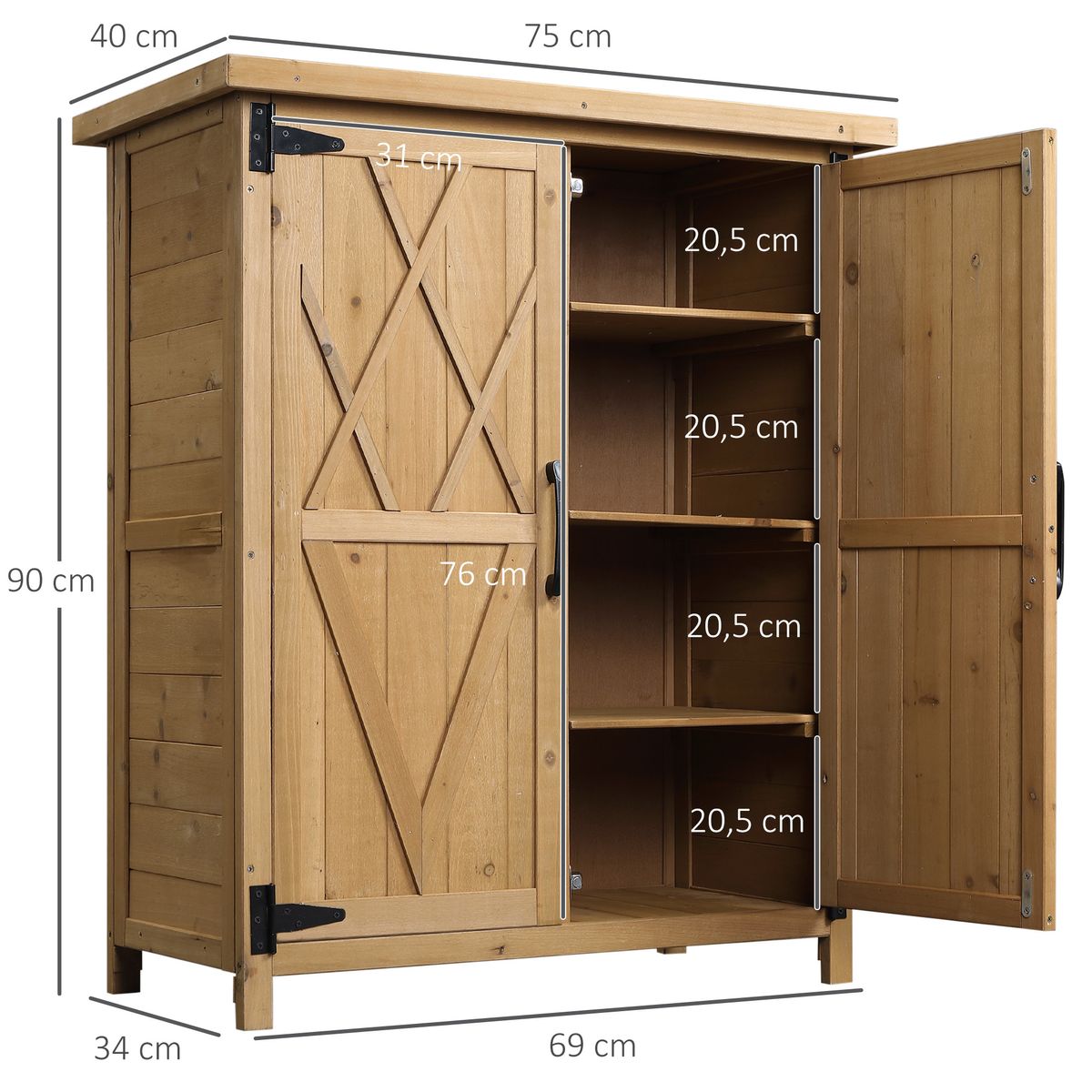 Armario de jardín Outsunny 2 puertas natural 90x75x40 cm 3