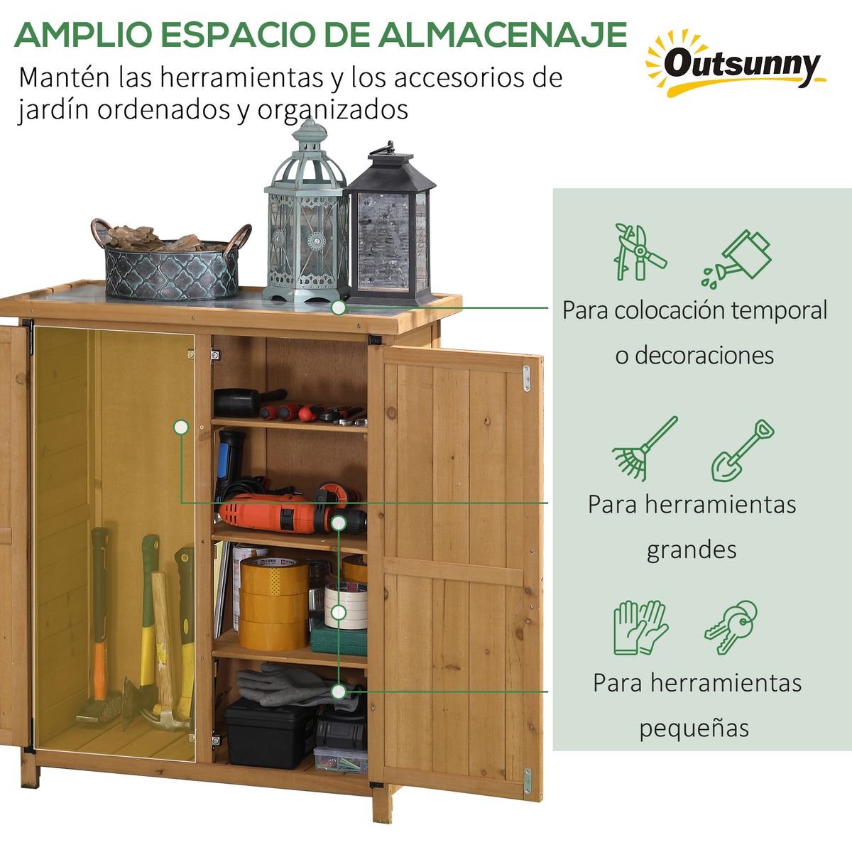 Armario de jardín Outsunny 2 puertas natural 90x75x40 cm 4