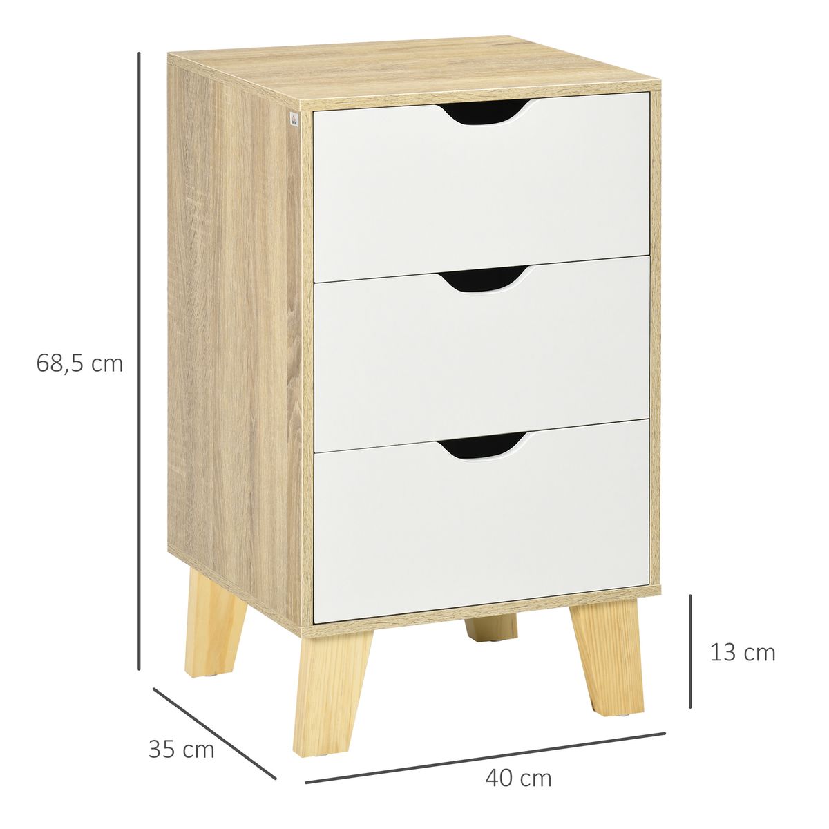 Cajonera Luquillo Homcom 3 cajones blanco/natural 68,5x40x35 cm medidas