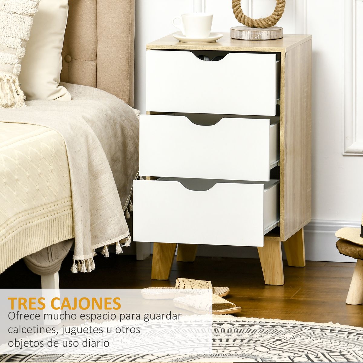 Cajonera Luquillo Homcom 3 cajones blanco/natural 68,5x40x35 cm detalle web