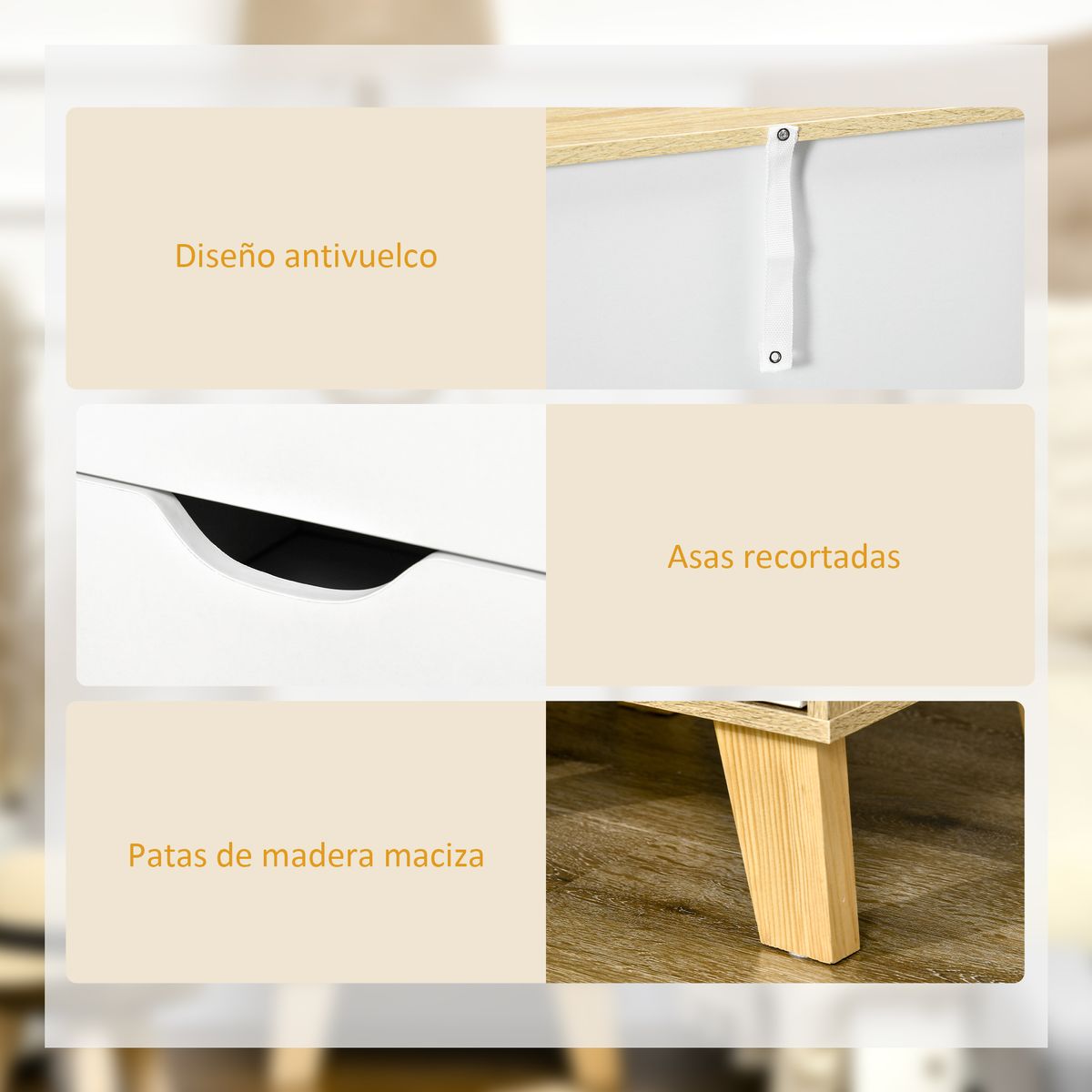 Cajonera Luquillo Homcom 3 cajones blanco/natural 68,5x40x35 cm detalle patas