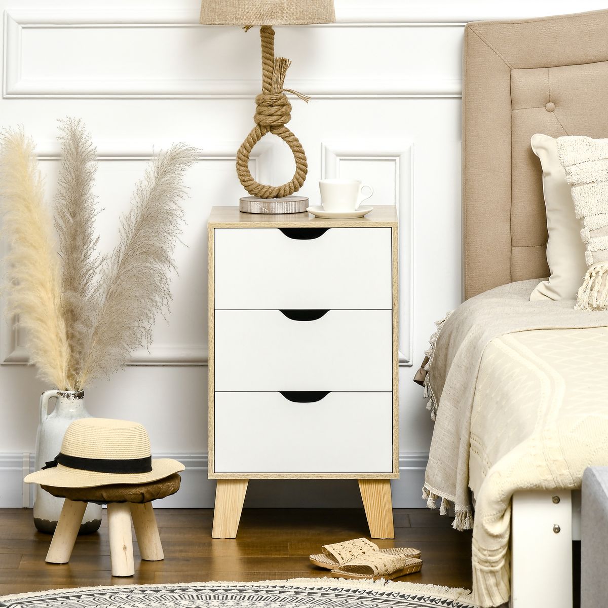 Cajonera Luquillo Homcom 3 cajones blanco/natural 68,5x40x35 cm animada
