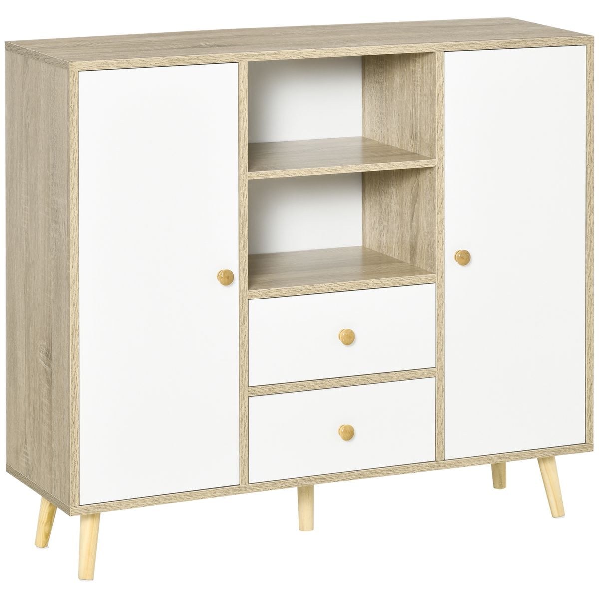 Aparador Torme Homcom 2 puertas + 2 cajones natural/blanco 85x100x30 cm fondo blanco