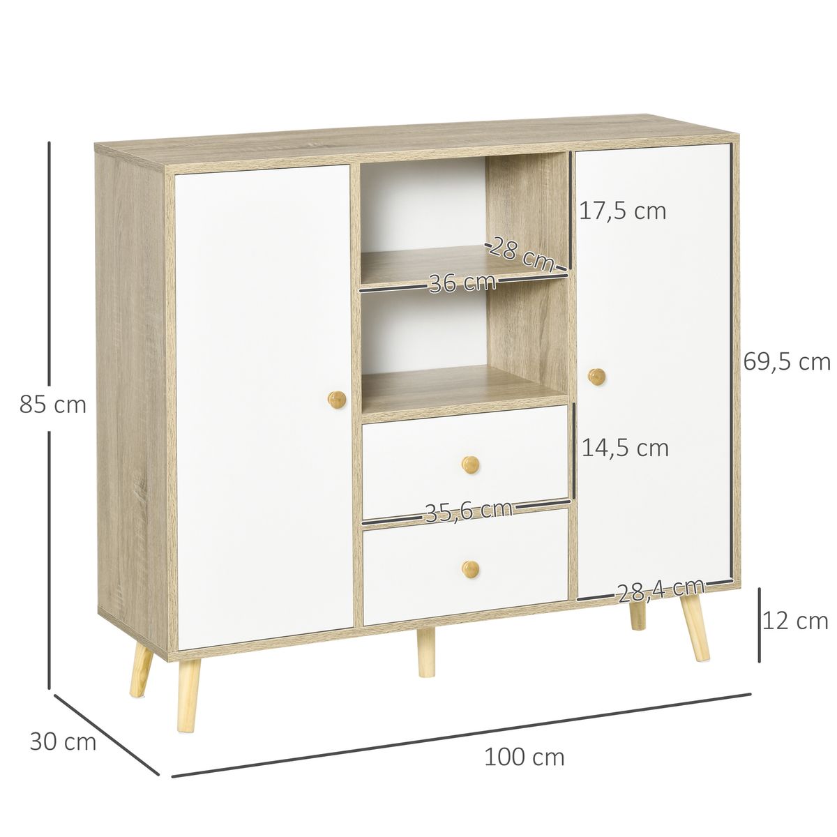 Aparador Torme Homcom 2 puertas + 2 cajones natural/blanco 85x100x30 cm medidas