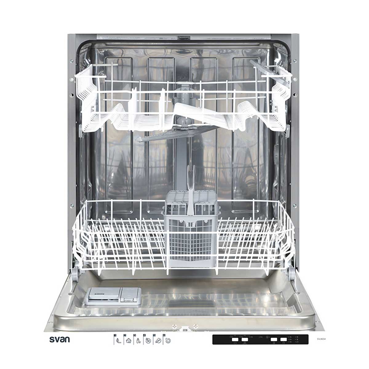 Lavavajillas Svan SVJI604 1900W 12 cubiertos 6 programas 2 bandejas E 59,8cm blanco detalle interior