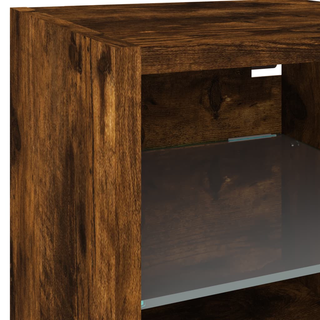 Pack de 2 muebles de TV Vedda de pared con luces LED roble oscuro 30x28,5x30 cm estante vidrio