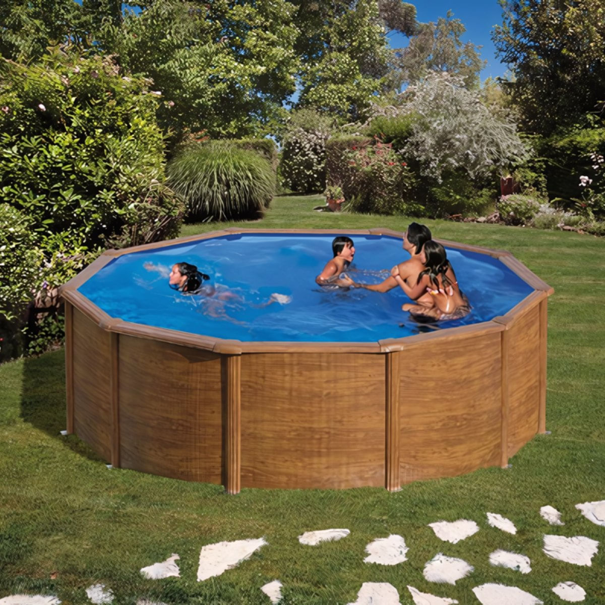 Piscina-Sicilia-Gre-redonda-pared-acero-marron-Ø460x120-cm-fondo-jardin