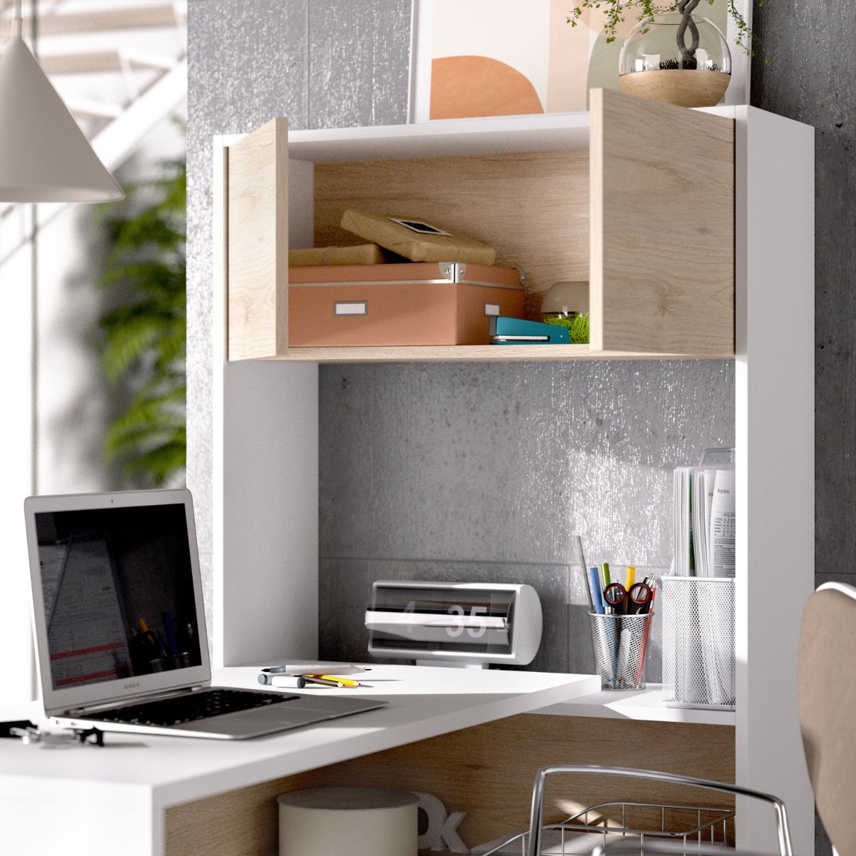 Escritorio-Flexo-con-estante---armario-blanco-natural-143x72x102-cm-animada-interir