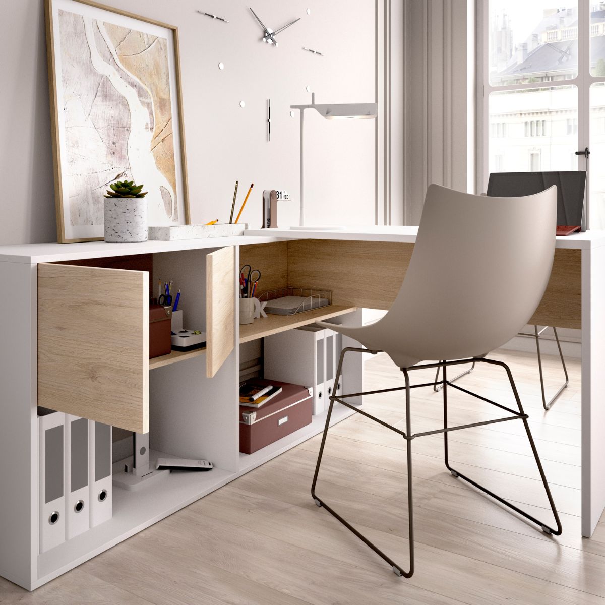 Escritorio-Flexo-con-estante---armario-blanco-natural-143x72x102-cm-animada-forma-dos