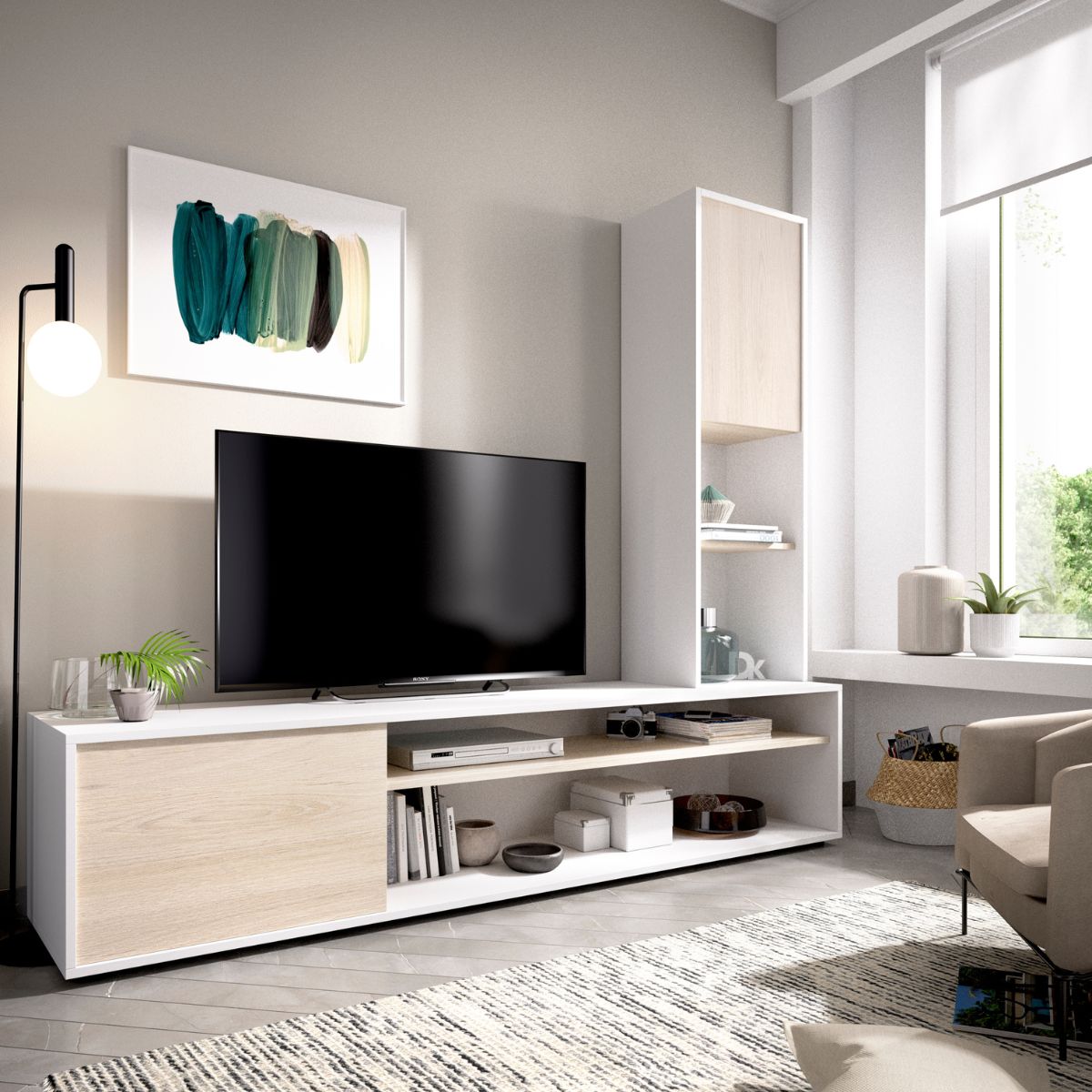 Composicion-de-salon-Essen-2-puertas---estanteria-reversible-blanco-natural-161x181x415-cm-animada