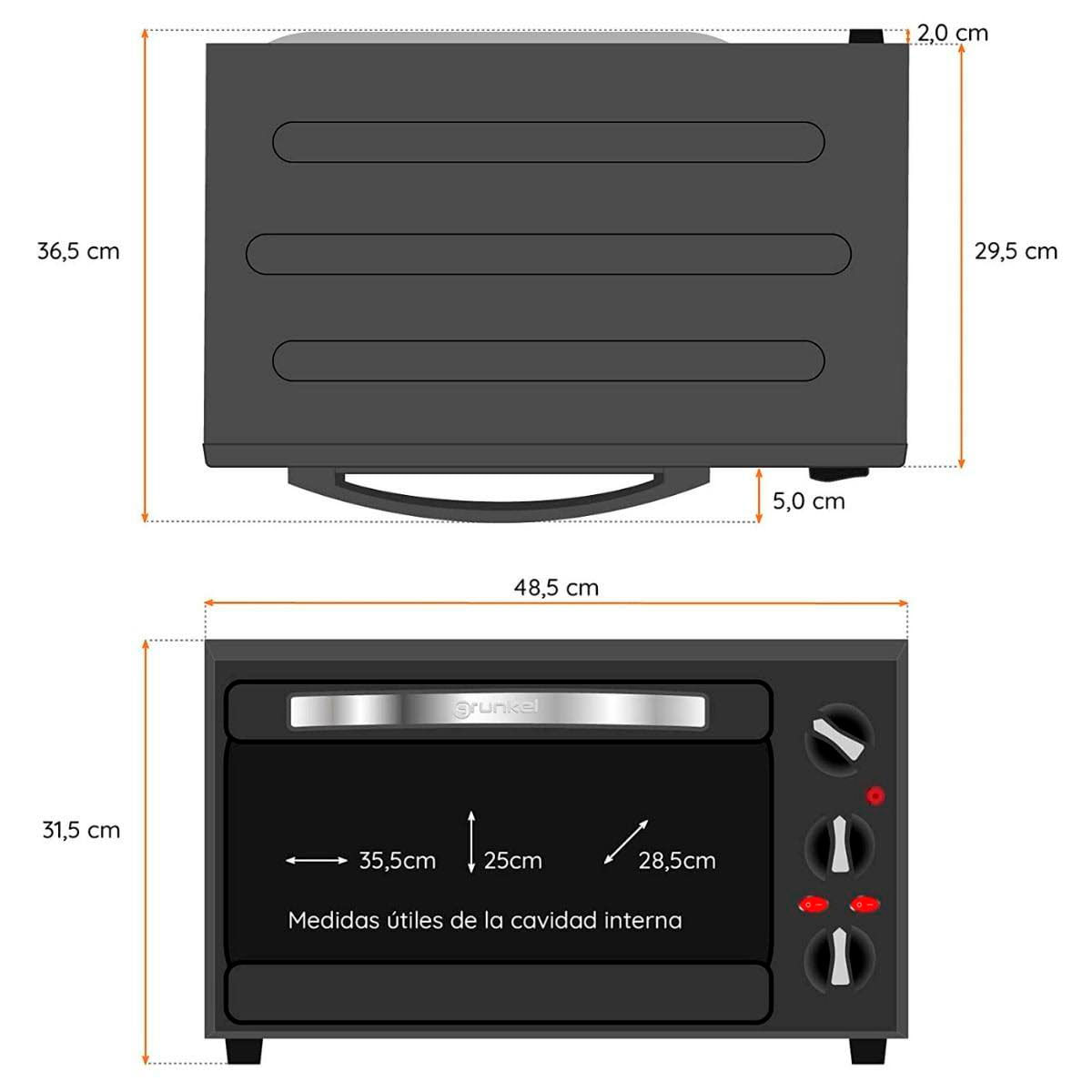 Horno de sobremesa Grunkel HR-28N RM 1600W 28L con accesorios negro medidas