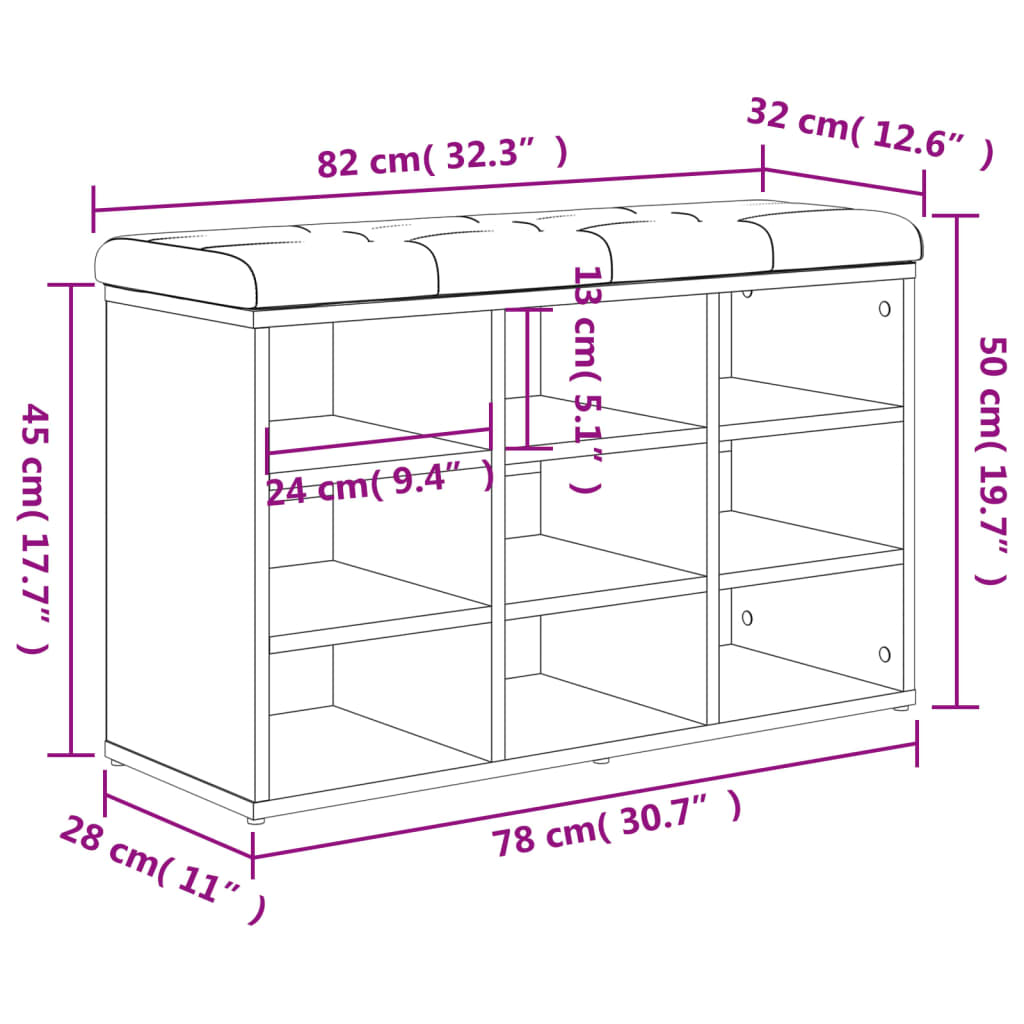 Banco zapatero Doll 9 estantes con asiento acolchado blanco 50x82x32 cm medidas