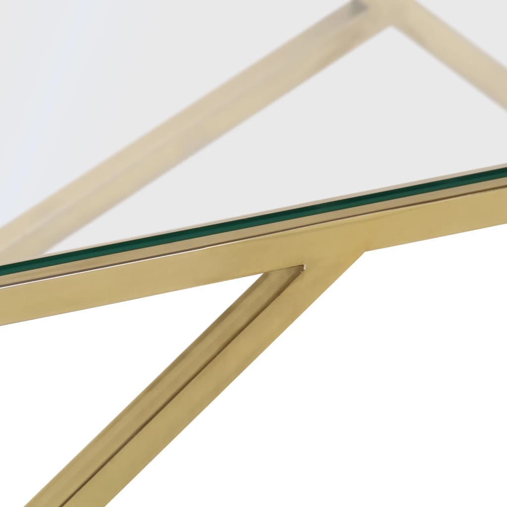 Mesa de centro acero inoxidable y vidrio templado dorado 45x110x45 cm detalle