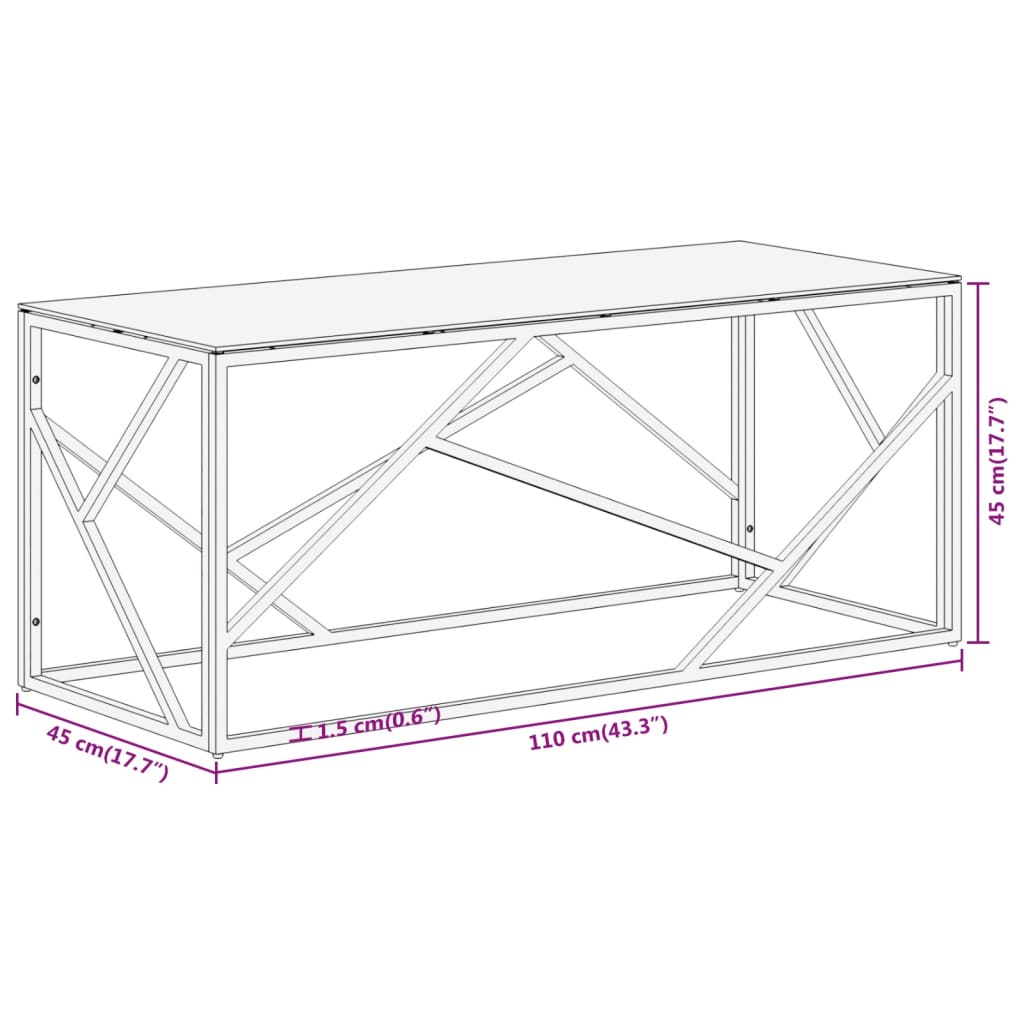 Mesa de centro acero inoxidable y vidrio templado dorado 45x110x45 cm medidas