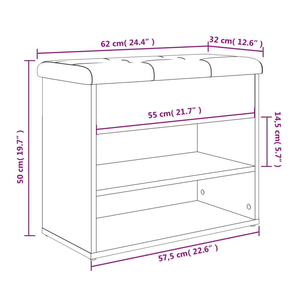 Banco zapatero Ulises 2 estantes + asiento acolchado gris 50x62x32 cm 10
