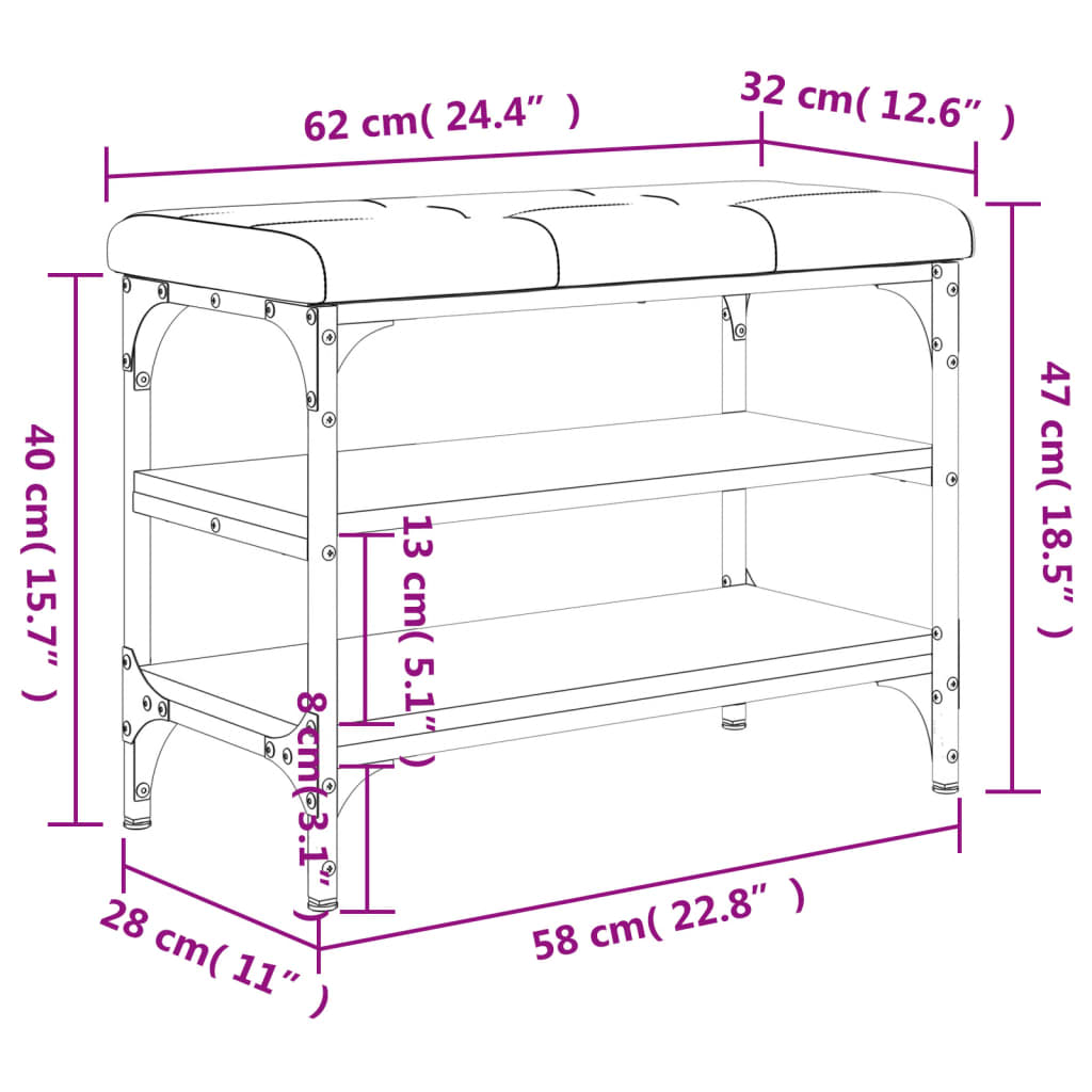 Banco zapatero Perseo 2 estantes + asiento acolchado marrón oscuro 47x62x32 cm medidas
