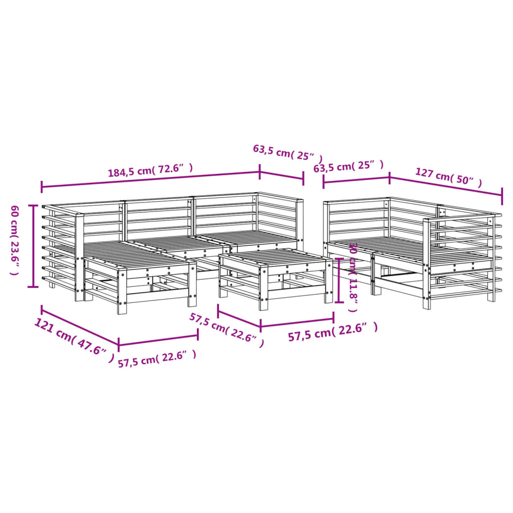 Conjunto de jardín Dumm 7 piezas madera maciza pino natural medidas