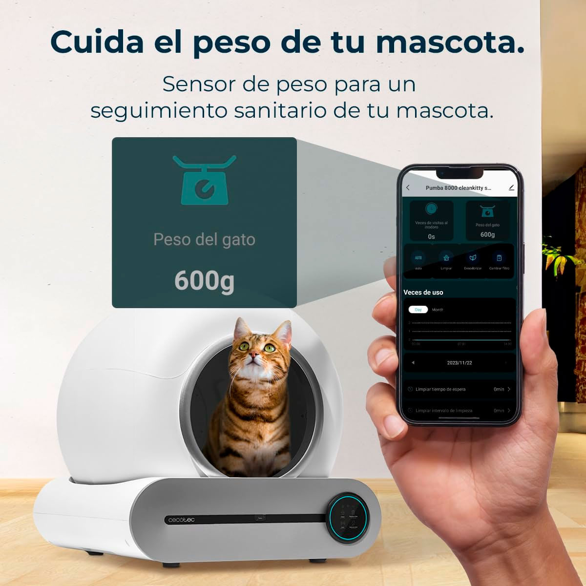 Arenero autolimpiable CecotecPumba 8000 CleanKitty Smart 65L WiFi y pantalla blanco 6