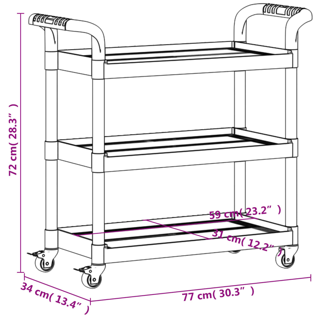 Carrito Watutu 3 niveles aluminio negro 72x77x34 cm medidas