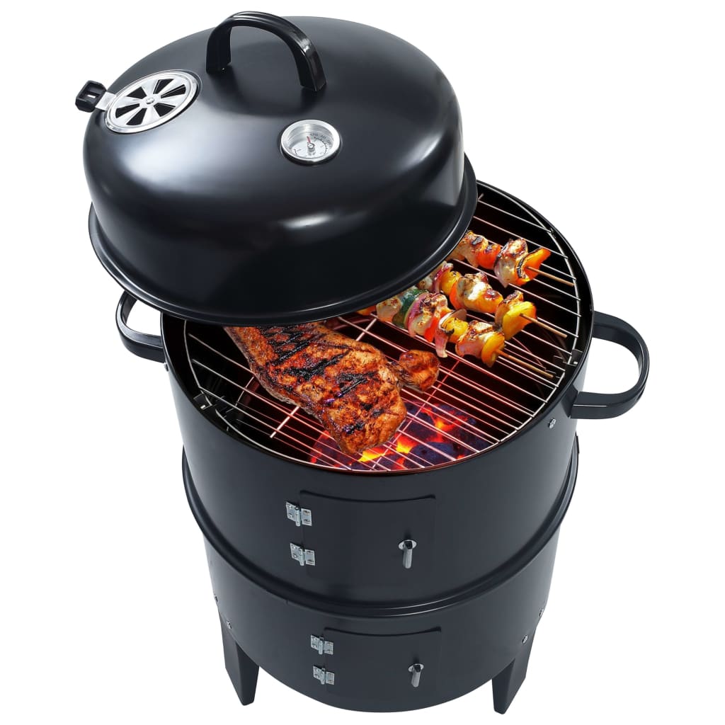 Barbacoa 3 en 1 ahumador de carbón negro 80x40 cm animada con comida