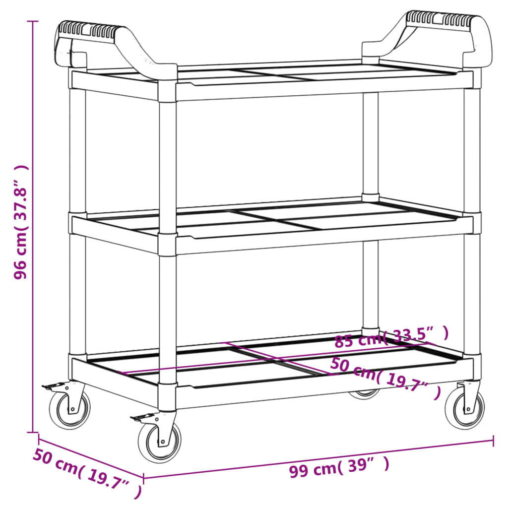 Carrito auxiliar 3 niveles aluminio gris 96x99x50 cm medidas