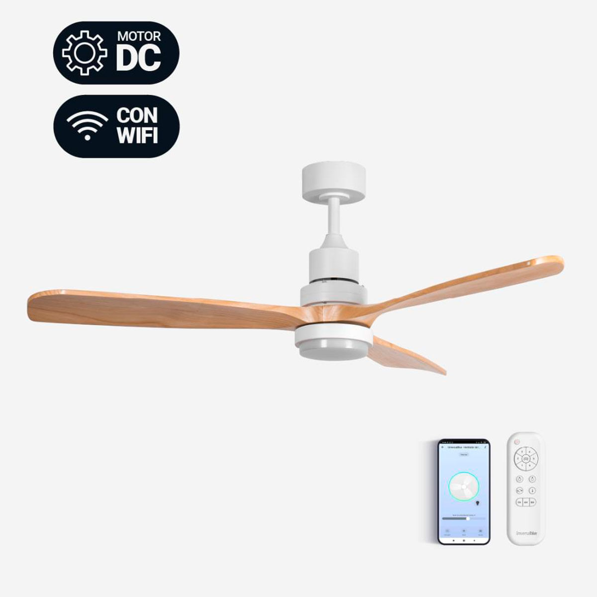 Ventilador de techo ALM 6056W Universal Blue 3 aspas control WiFi blanco/natural Ø142 cm