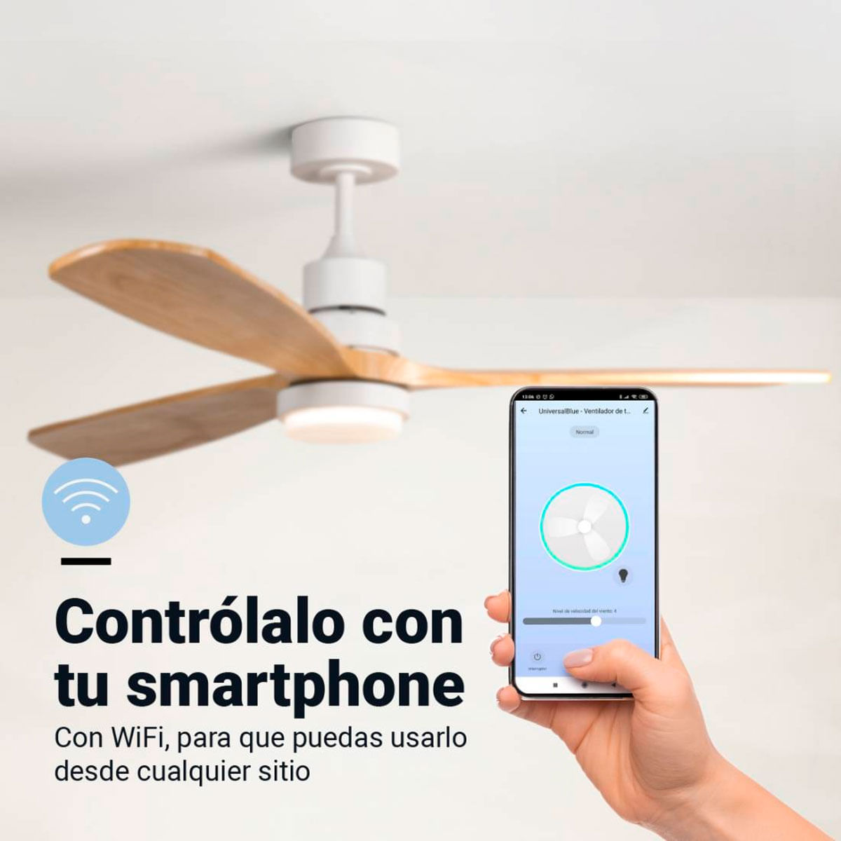 Ventilador de techo ALM 6056W Universal Blue 3 aspas control WiFi blanco/natural Ø142 cm 4