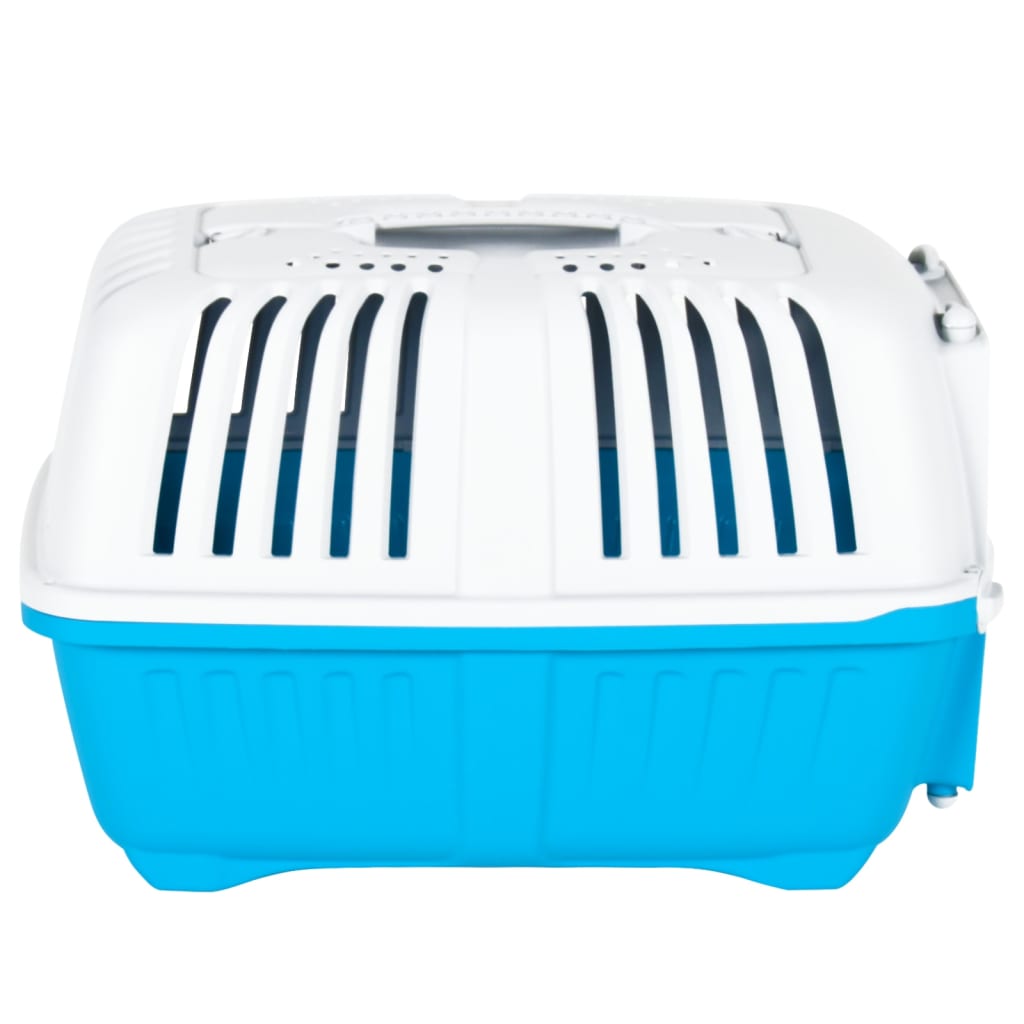 Transportín para mascotas puerta con asa blanco/azul 33x48x31,5 cm perfil