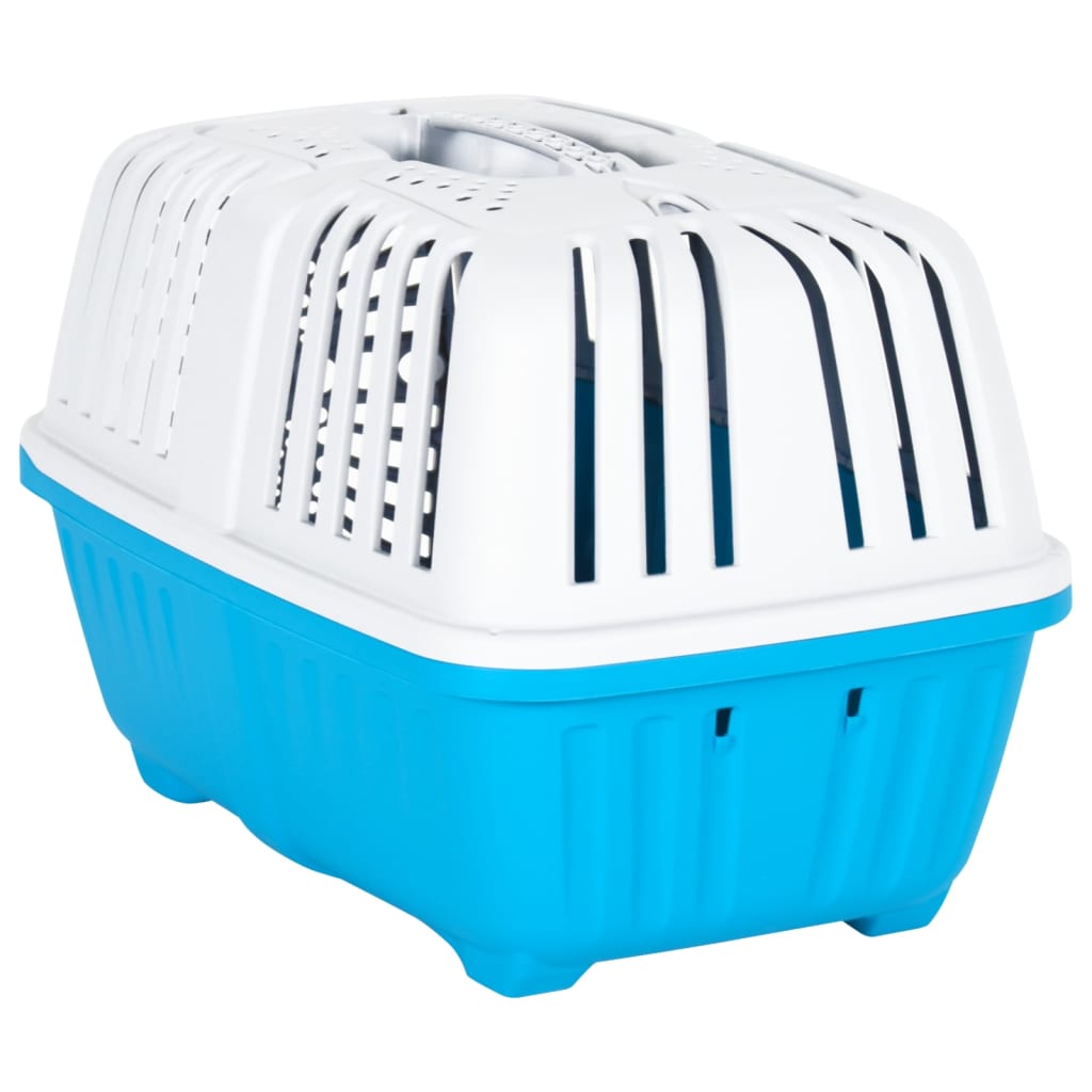 Transportín para mascotas puerta con asa blanco/azul 33x48x31,5 cm posterior