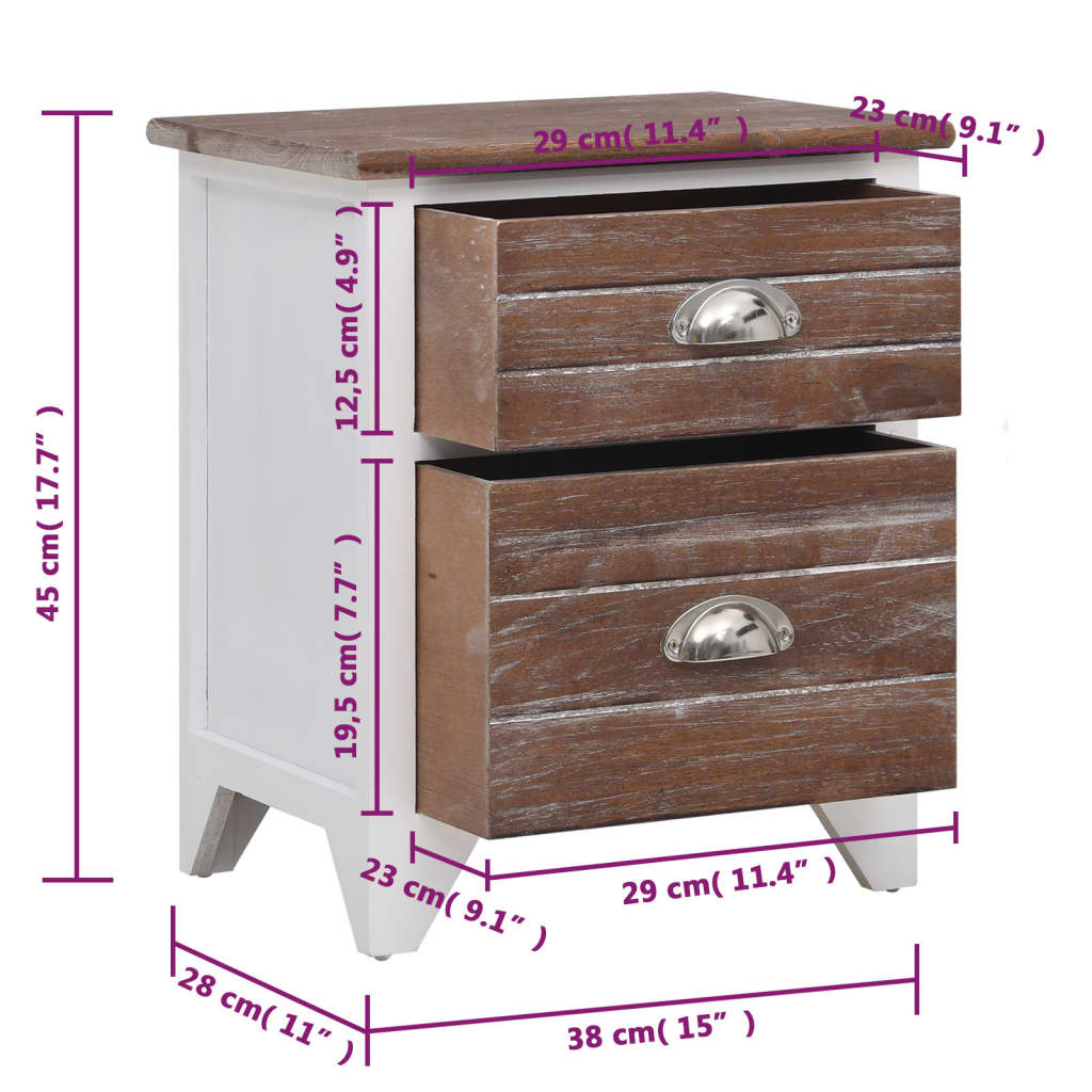 Pack de 2 mesitas de noche Huapi 2 cajones madera de Paulownia marrón/blanco 10
