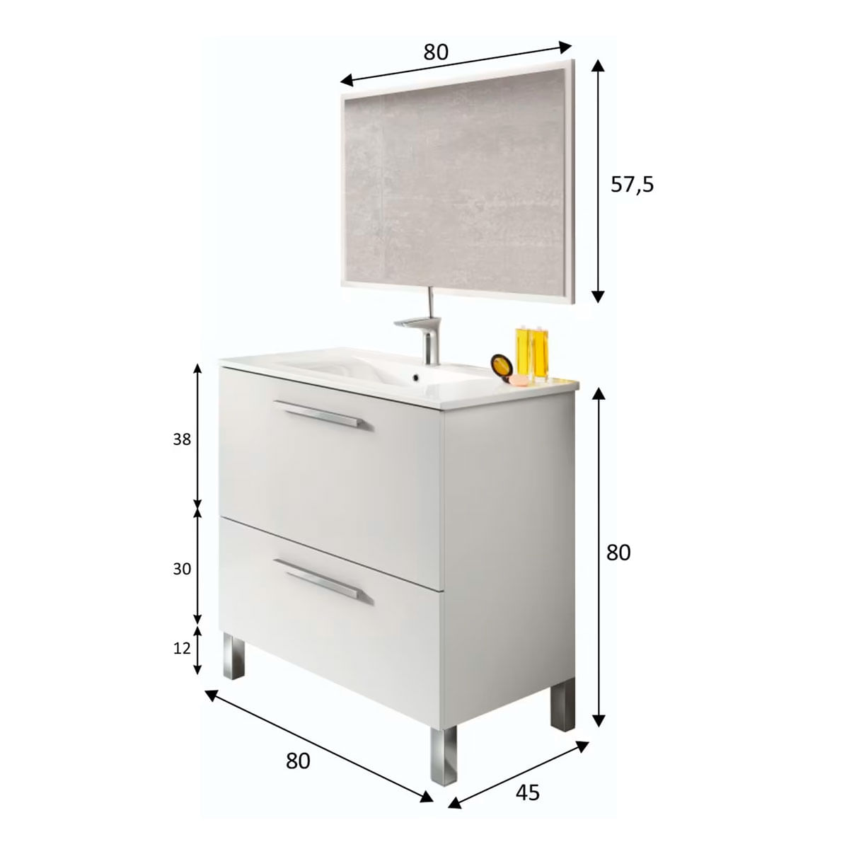 Mueble lavabo + espejo Urban 2 cajones blanco brillo medidas-1