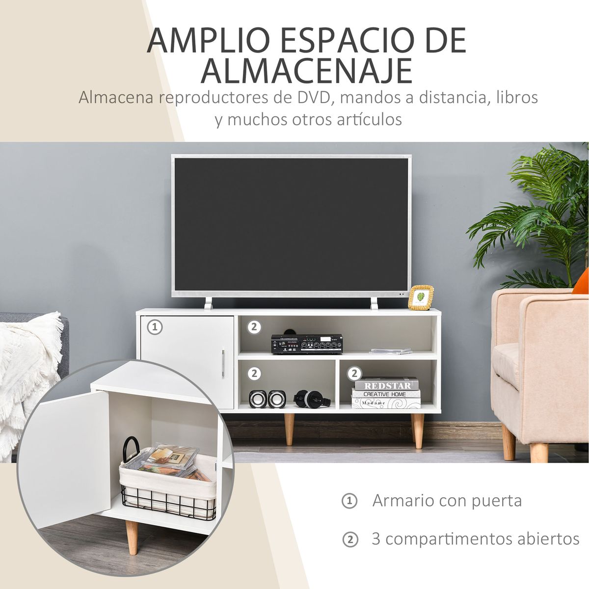 Mueble bajo de TV Hefesto Homcom 3 módulos + 1 puerta blanco/natural 55x120x40 cm 4