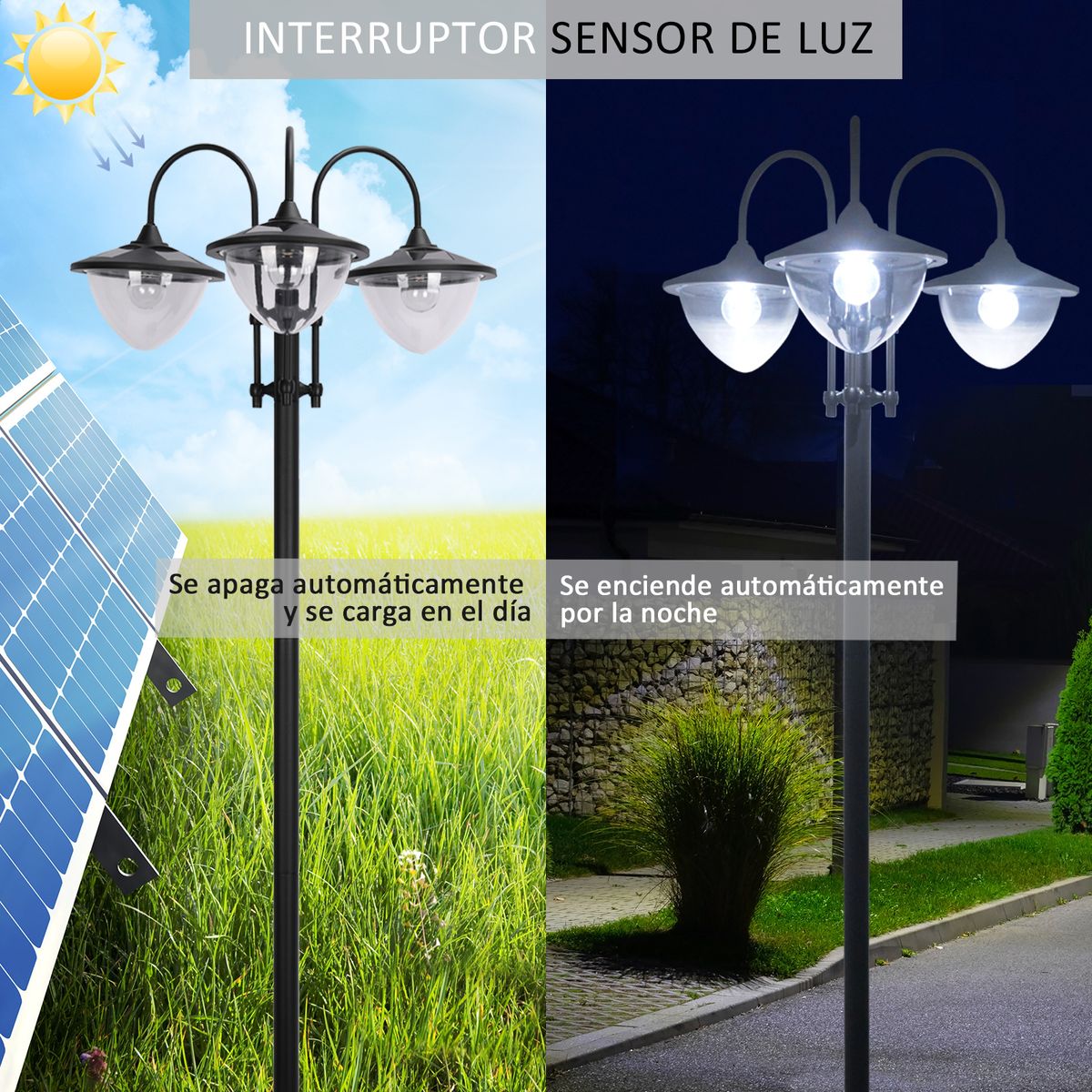 Farola solar Ledum Outsunny 18 luces LED 6000K negro 189x60x55 cm luz
