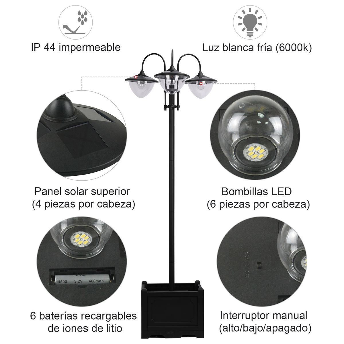 Farola solar Ledum Outsunny 18 luces LED 6000K negro 189x60x55 cm detalle