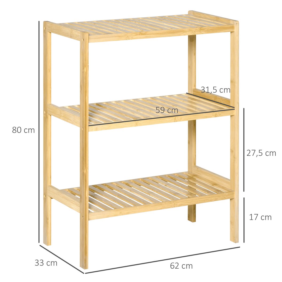Estantería Dawai Homcom 3 niveles bambú natural 80x62x33 cm medidas