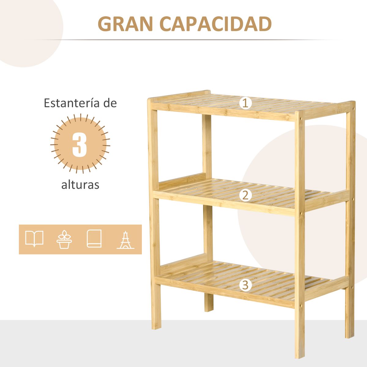 Estantería Dawai Homcom 3 niveles bambú natural 80x62x33 cm web