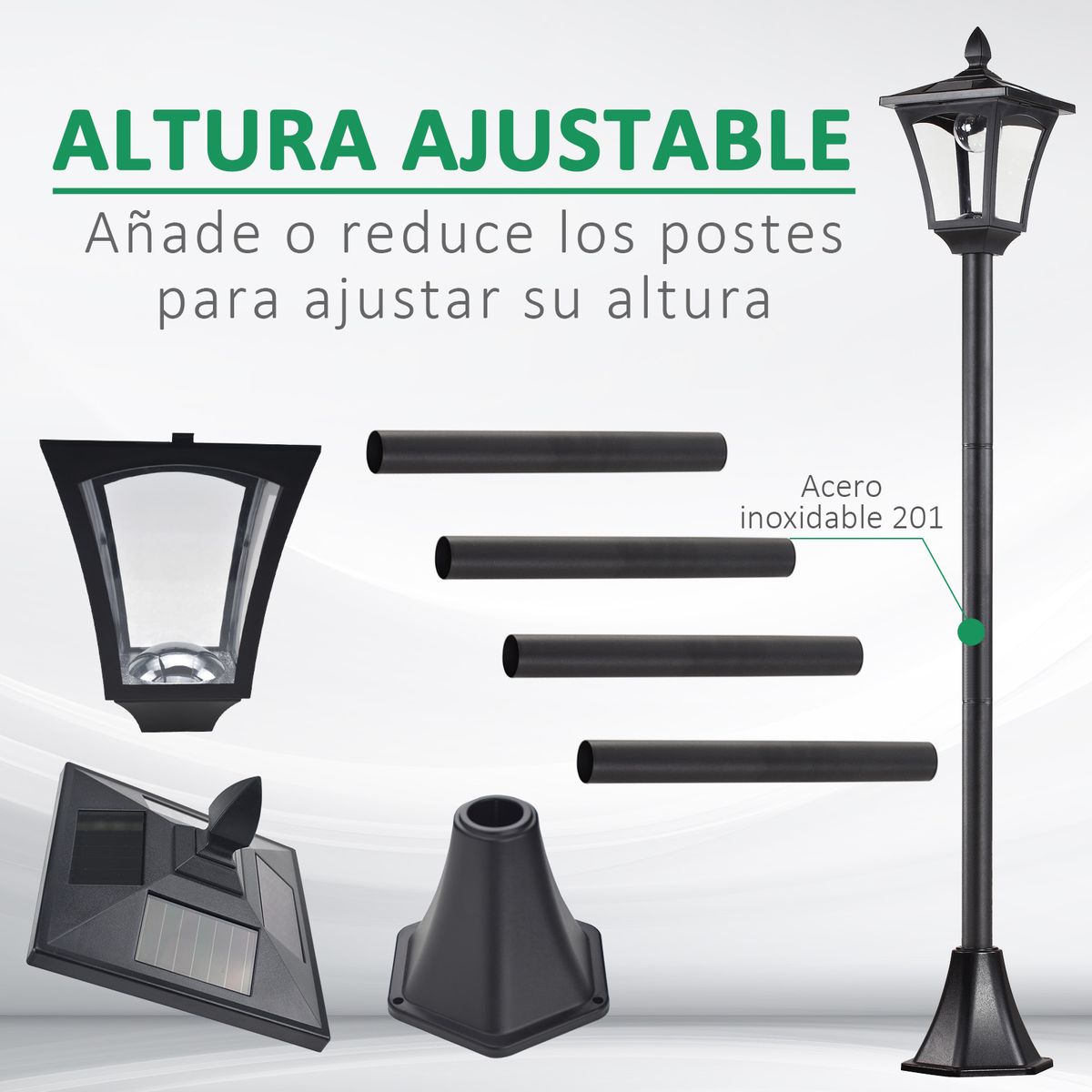 Farola solar Thom Outsunny 4 paneles 6000K negro 160x18x18 cm detalles web