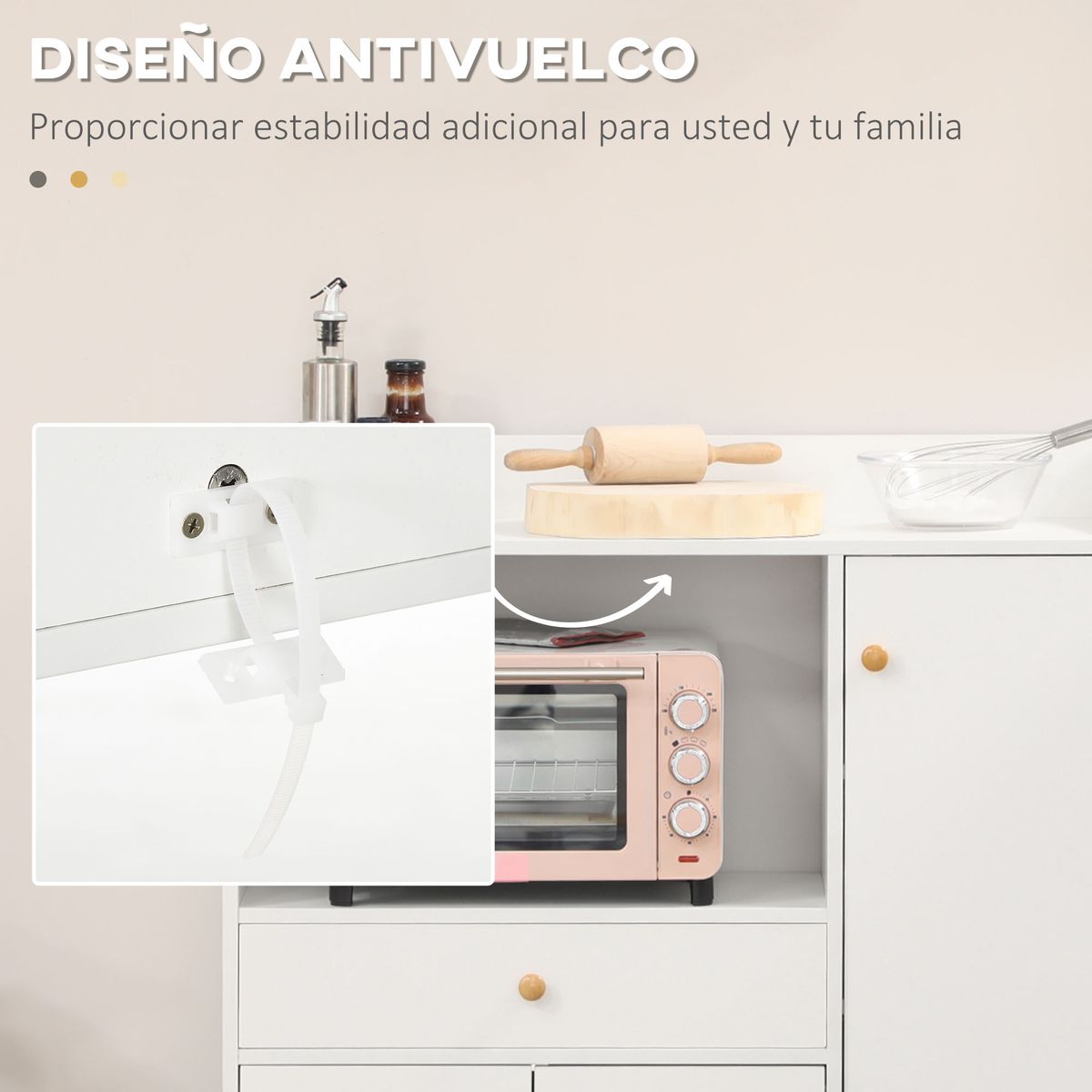 Aparador Blu Homcom 2 armarios + cajón blanco 94x90x30 cm detalle aparador
