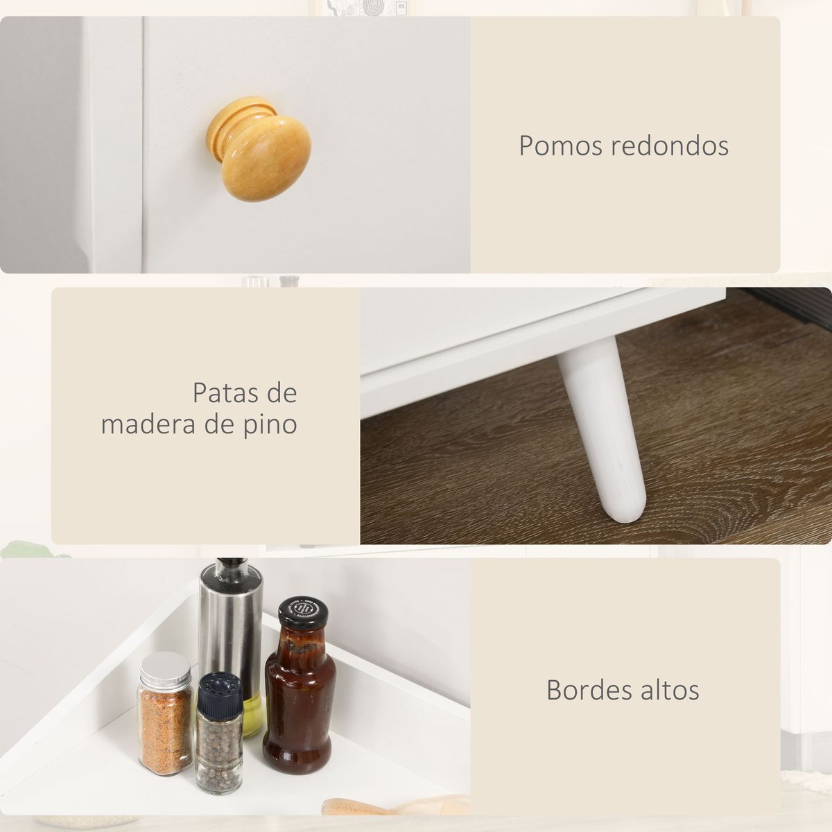 Aparador Blu Homcom 2 armarios + cajón blanco 94x90x30 cm pata y pomo