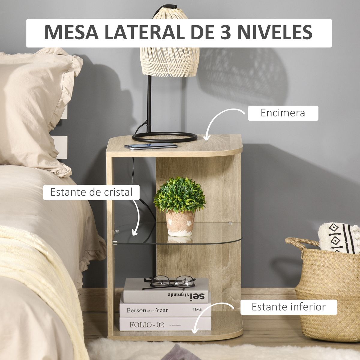 Mesita auxiliar Haruai Homcom 3 estantes natural 56x40x40 cm web