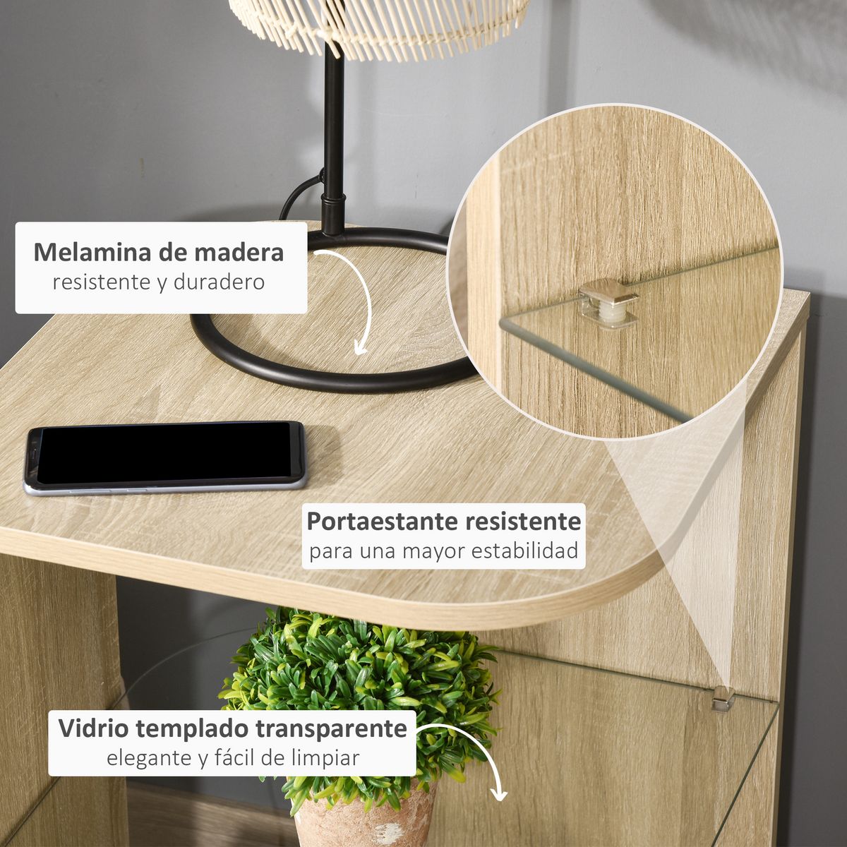 Mesita auxiliar Haruai Homcom 3 estantes natural 56x40x40 cm detalles