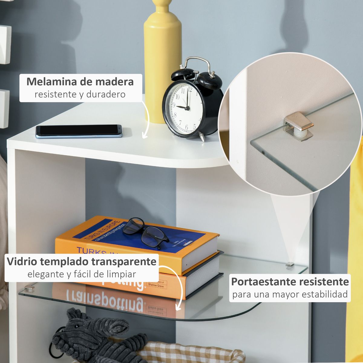 Mesita auxiliar Haruai Homcom 3 estantes blanco 56x40x40 cm detalles