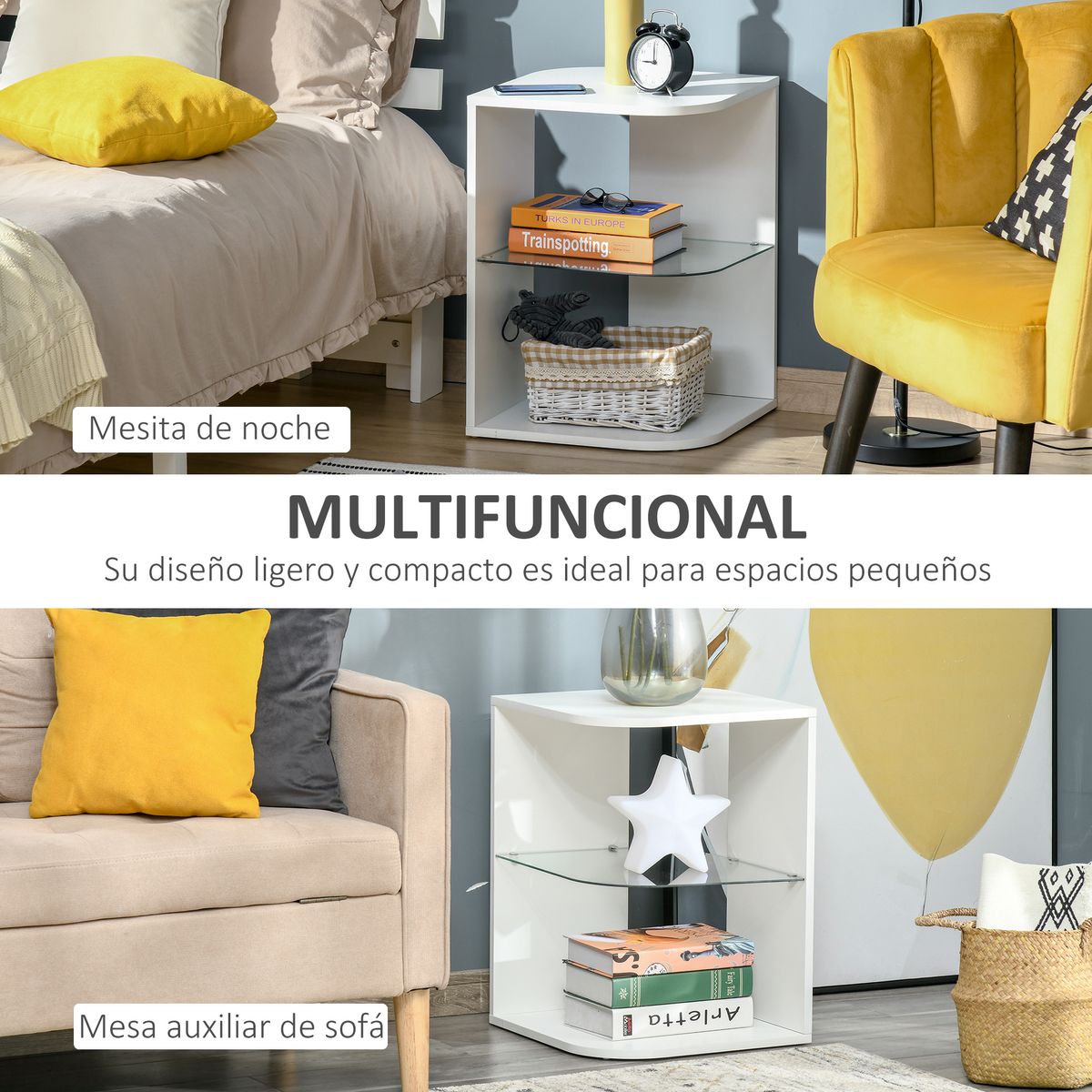 Mesita auxiliar Haruai Homcom 3 estantes blanco 56x40x40 cm web detalles