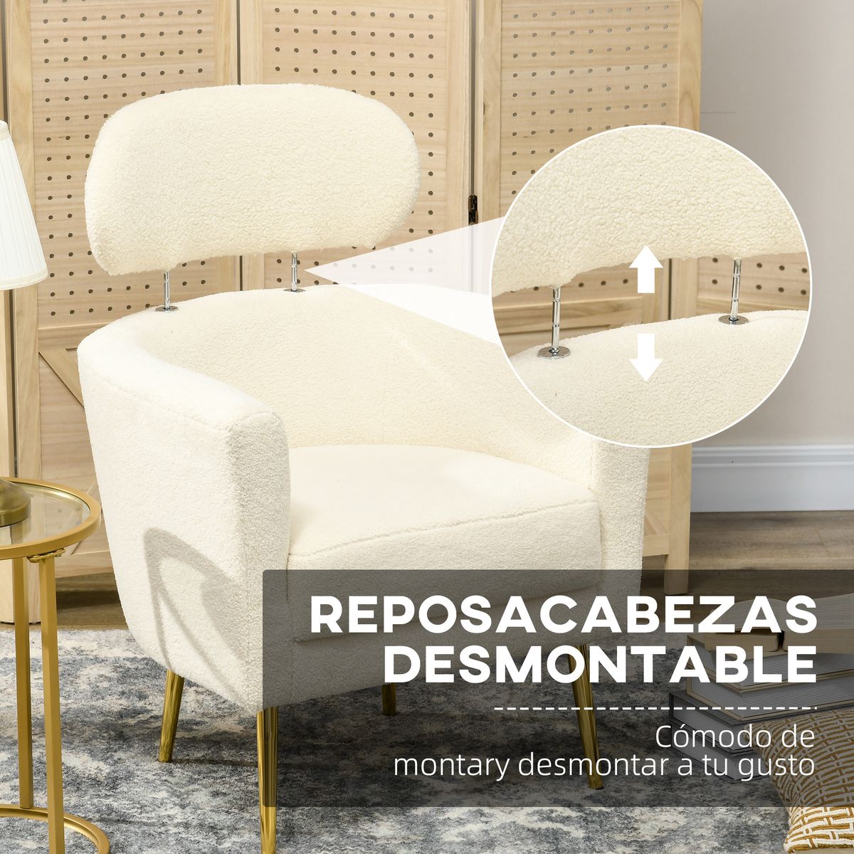 Butaca Tanny Homcom reposacabezas crema 90x71x65 cm detalle