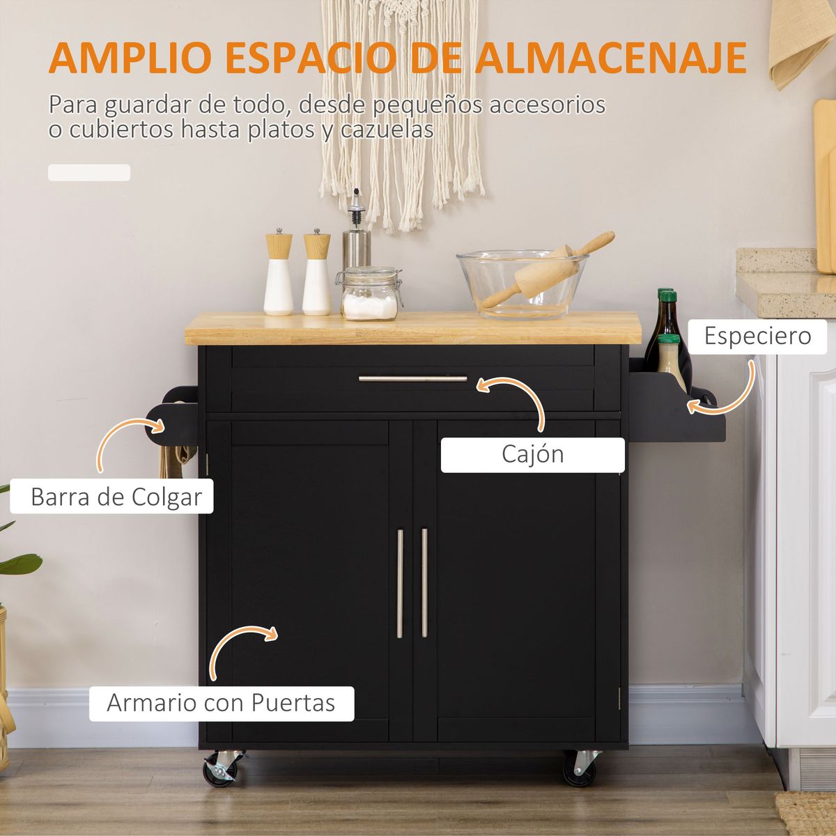 Carrito auxiliar Tea Homcom con ruedas negro 89x109x40 cm web