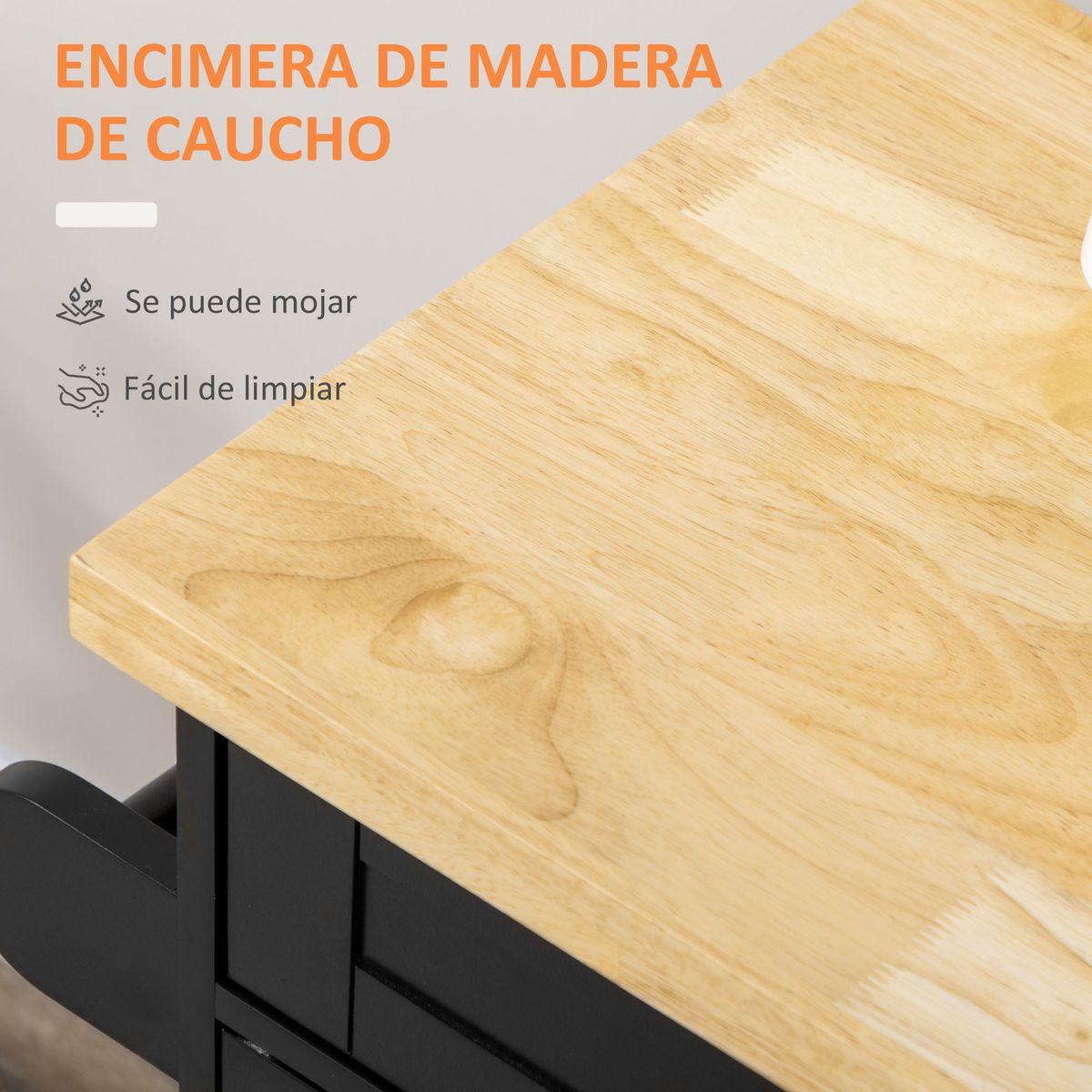 Carrito auxiliar Tea Homcom con ruedas negro 89x109x40 cm detalle encimera